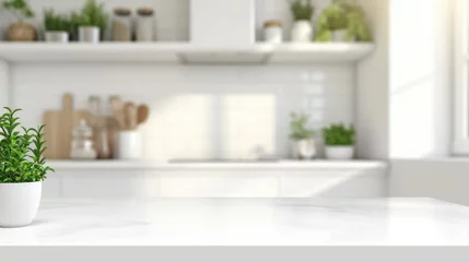 Foto op Plexiglas countertop with blurred home kitchen background in white © Дмитрий Баронин