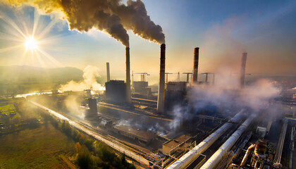 Air pollution from huge industrial plant. Generative AI.