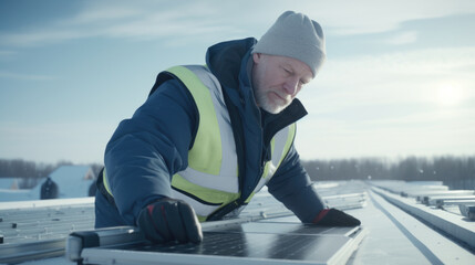 Man is seen working on solar panel on roof. This image can be used to showcase installation or maintenance of solar panels on residential or commercial buildings