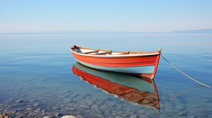 Naklejka na ściany i meble Red and white boat resting on surface of calm body of water. Suitable for various uses