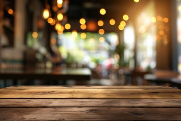 wood table on blur of cafe, coffee shop, bar, background - can used for display or montage your products - obrazy, fototapety, plakaty