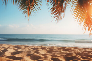 Serene sandy beach with palm tree in foreground. Perfect for tropical vacation or beach-themed designs