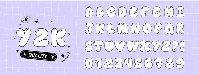 Trendy alphabet letter. Funky organic typeface in retro y2k style. Set with Alphabet and  Numbers. Vector design