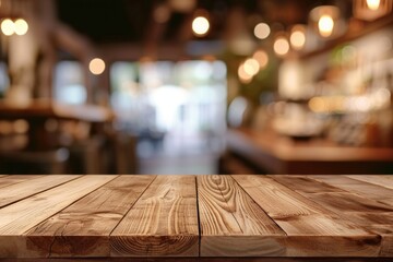 wood table on blur of cafe, coffee shop, bar, background - can used for display or montage your products