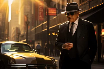 Foto op Plexiglas Classic Styled Gentleman Walking in City with Vintage Car Background © KirKam