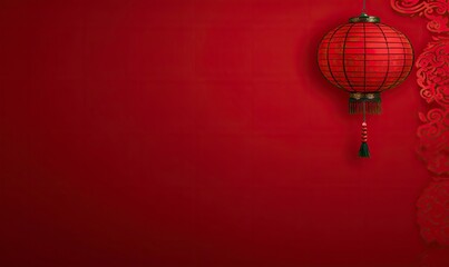 Obraz premium Red lantern hanging high, in the red simple Chinese pattern background, simple and beautiful generative AI