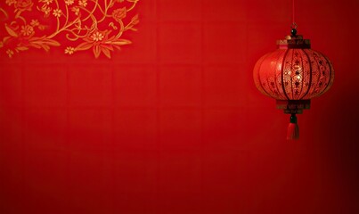 Red lantern hanging high, in the red simple Chinese pattern background, simple and beautiful generative AI