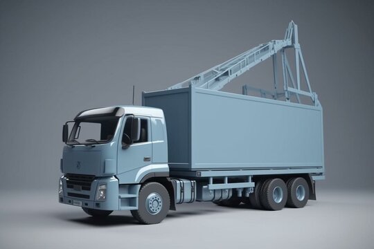 Cargo-loading concept: blue crane truck loading container, 3D render on gray background with shadow. Generative AI