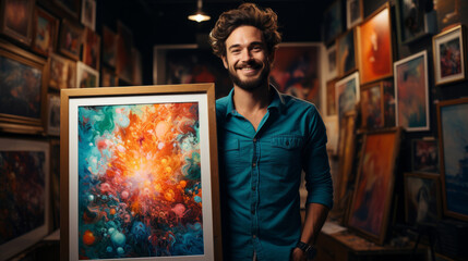 Joyful Painter Presenting Vibrant Abstract Artwork in Gallery