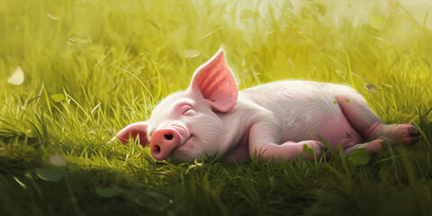piglet rolling and playing in the grass, generative AI