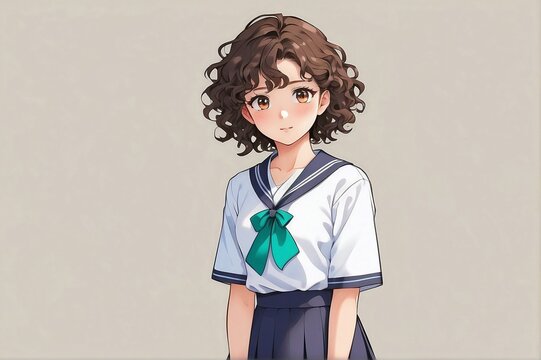 anime girl with curly hair wearing a japanese school uniform, no background