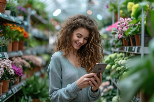 A woman with a smile is standing at a floral store. Generative Ai.