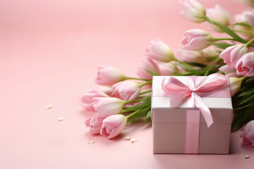 White box with pink bow and bouquet of pink tulips. Perfect for gifting or celebrating special occasions