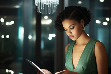 Woman wearing green dress is seen looking at tablet. This image can be used to illustrate technology, digital communication, or online browsing