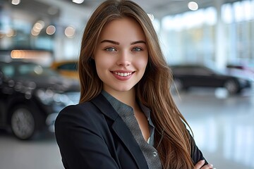 Exquisite Elegance Confident Luxury Car Saleswoman Showcasing Prestigious Vehicles in Upscale Auto Dealership Showroom