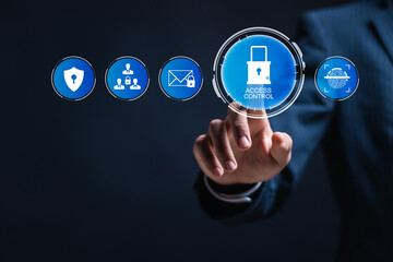 Biometric cyber security system. Businessman touch virtual screen of access  control with padlock icon for cybersecurity and privacy to protect data.
