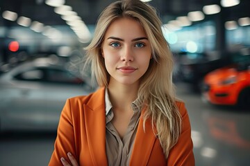 Exquisite Elegance Confident Luxury Car Saleswoman Showcasing Prestigious Vehicles in Upscale Auto Dealership Showroom