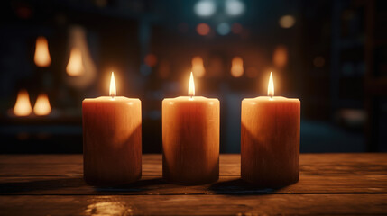 Fototapeta na wymiar Three lit candles sitting on wooden table. Can be used for creating cozy ambiance or for religious or spiritual themes