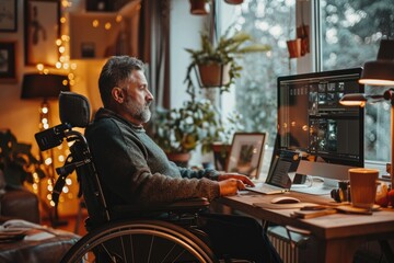 A wheelchair-using middle-aged guy works from his home office. Generative Ai. - obrazy, fototapety, plakaty