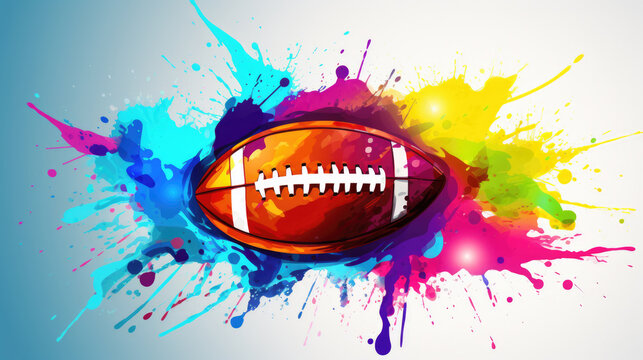 Football ball with colorful paint splatters on its surface. This unique and vibrant image can be used to represent creativity, artistic expression, sports, or even team spirit.