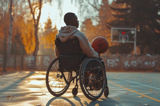 Wheelchair-using man on an outdoor basketball court playing hoops. Generative Ai.