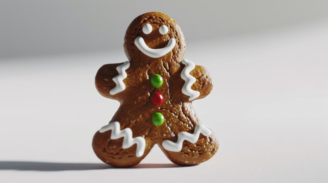 Detailed close-up of gingerbread figure placed on clean white surface. This image can be used in various contexts, such as Christmas baking, festive decorations, or holiday-themed designs