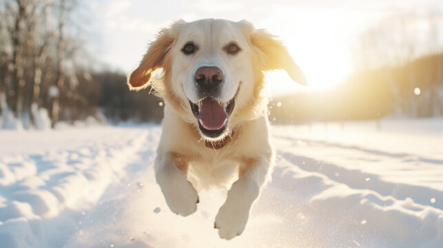Lively dog ​​running through snow with its mouth wide open. This image can be used to depict joy and excitement of outdoor activities in winter