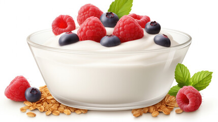 Delicious bowl of yogurt topped with fresh raspberries and blueberries. Perfect for healthy breakfast or snack