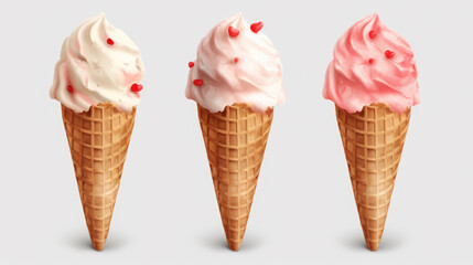 Three ice cream cones with pink and white toppings. Perfect for summer dessert ideas