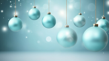 Blue Christmas balls hanging from string. Perfect for festive holiday decorations