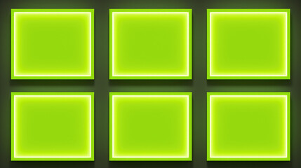 Four green square lights illuminating dark room. Can be used to create mysterious or futuristic atmosphere