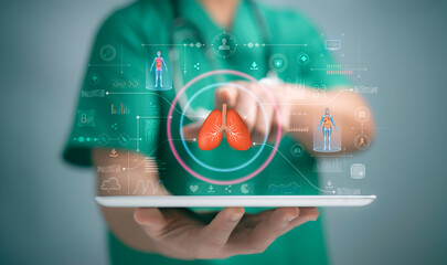 Medical worker utilizes a HUD interface hologram to touch virtual holograms of human lung organ, showcasing innovative healthcare analysis through AI technology.future of modern treatment in medicine.
