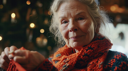 Woman is seen knitting red scarf in front of beautifully decorated Christmas tree. This image can be used to portray holiday spirit and joy of crafting handmade gifts