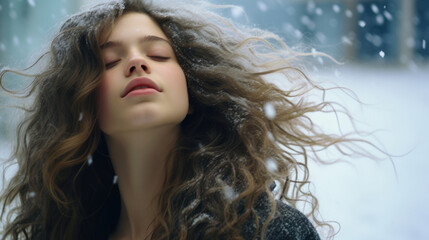 Woman standing in snow with her eyes closed. This image can be used to depict serenity, mindfulness, or beauty of nature