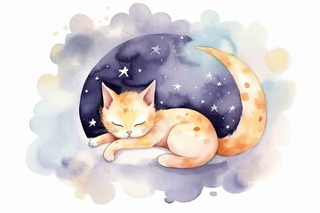 Cute cat napping on moon amidst clouds and stars, watercolor. Generative AI