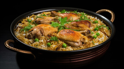 Delicious pan of rice with tender chicken and vibrant green peas. Ideal for food blogs, recipe websites, or cooking-related articles