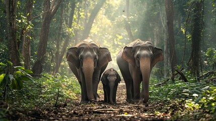 elephant family walking together in the forest, Misty Weather - Powered by Adobe