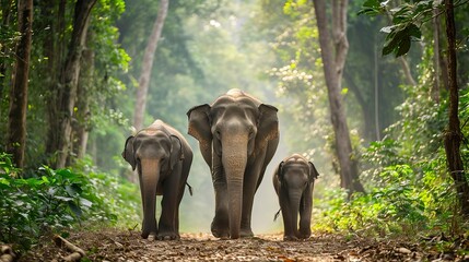 elephant family walking together in the forest, Misty Weather