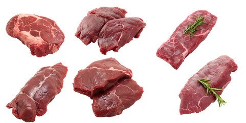 Collection of Kangaroo raw parts of meat such as: Ribeye, Sirloin,  Striploin, Tenderloin isolated on transparent background