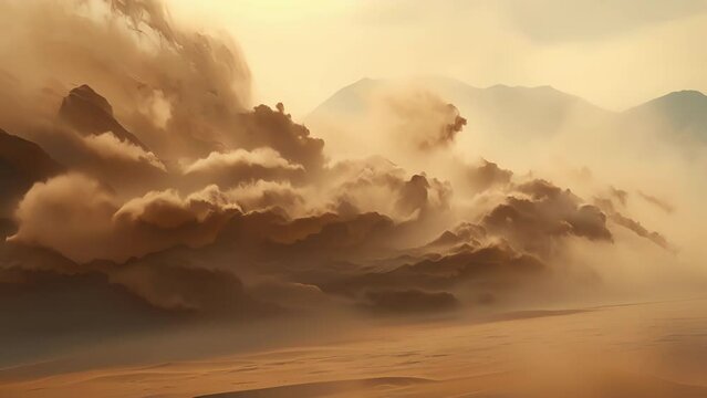 A closeup of a murky sandstorm whirling in a calm and still atmosphere.