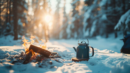 Tea pot sitting on top of fire in snow. Perfect for cozy winter scenes or camping in wilderness