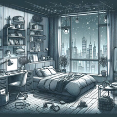 On a starry night, a girl is listening to music indoors. {Cartoon lofi} {Cartoon lofi}