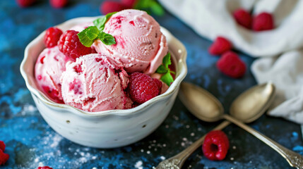 Bowl of Ice Cream with Raspberries and Mint Leaves