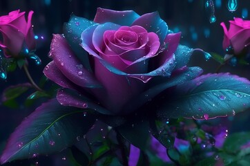 Close up of a beautiful pink and purple rose with water drops