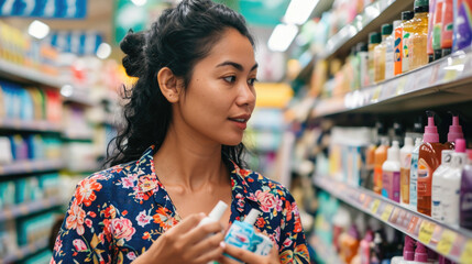 Woman Holding Hand Sanitizer in Store Aisle