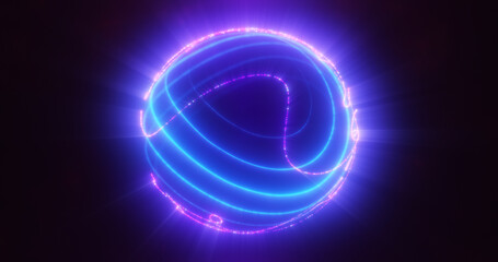 Abstract blue purple glowing digital high-tech futuristic energy plasma sphere with lines and particles on dark black background