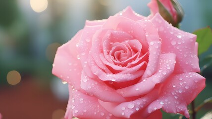 Elegant pink rose, delicate dewdrops, soft focus, romantic Valentine's Day bloom