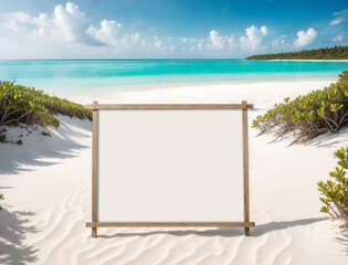 A blank canvas board standing on the white sand beach