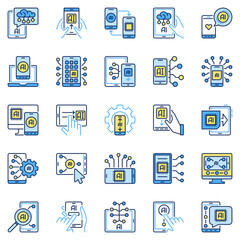 AI Smartphone colored icons set. Smart Phone with Artificial Intelligence concept signs