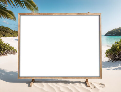 A blank canvas board standing on the white sand beach